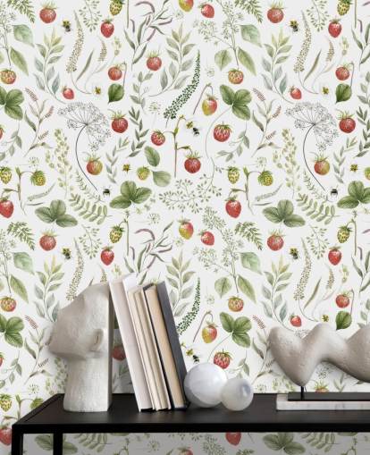 mural de papel de parede vermelho e verde Kikki Belle chamado Strawberry Hill para creches, cozinhas e salas de jogos mural de papel de parede vermelho e verde Kikki Belle chamado Strawberry Hill para creches, cozinhas e salas de jogos