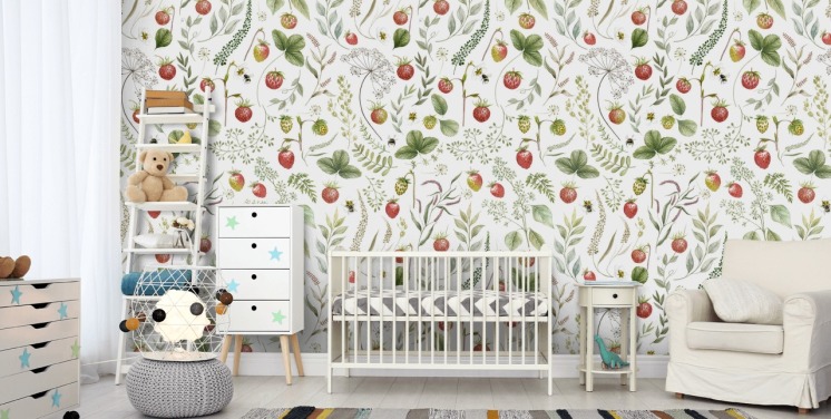 röd och grön Kikki Belle tapetväggmålning kallad Strawberry Hill för plantskolor, kök och lekrum