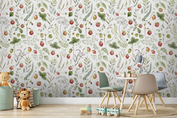 rød og grøn Kikki Belle tapetmaleri kaldet Strawberry Hill til planteskoler, køkkener og legerum
