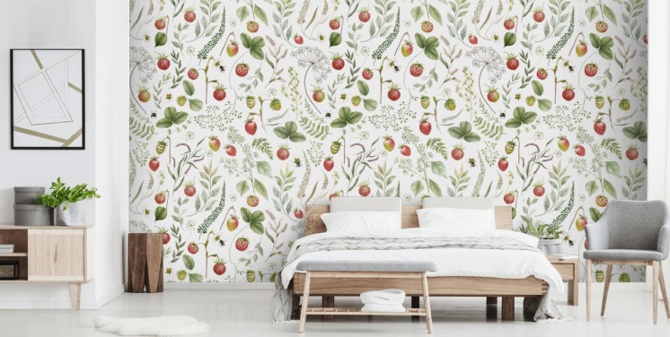 red and green Kikki Belle wallpaper mural called Strawberry Hill for nurseries, kitchens and playrooms