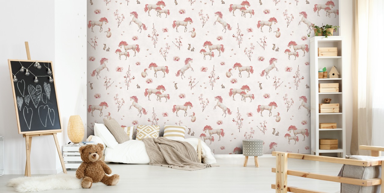 carta da parati murale con unicorno bianco chiamato White Unique Unicorn di Kikki Belle per camerette e asili nido carta da parati murale con unicorno bianco chiamato White Unique Unicorn di Kikki Belle per camerette e asili nido