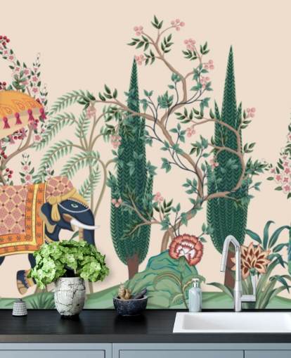 värikäs chinoiserie-taustakuvamaalaus nimeltä Chinoiserie Elephant and Peacock makuuhuoneisiin ja olohuoneisiin värikäs chinoiserie-taustakuvamaalaus nimeltä Chinoiserie Elephant and Peacock makuuhuoneisiin ja olohuoneisiin