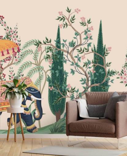 colourful chinoiserie wallpaper mural called Chinoiserie Elephant and Peacock for bedrooms and living rooms colourful chinoiserie wallpaper mural called Chinoiserie Elephant and Peacock for bedrooms and living rooms