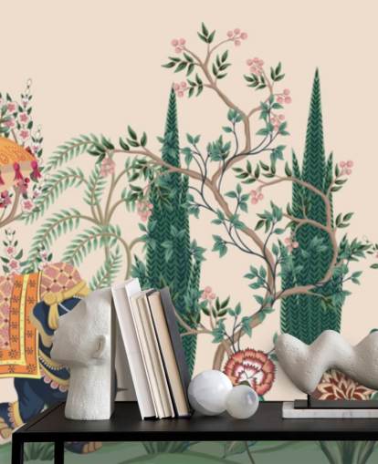 colourful chinoiserie wallpaper mural called Chinoiserie Elephant and Peacock for bedrooms and living rooms colourful chinoiserie wallpaper mural called Chinoiserie Elephant and Peacock for bedrooms and living rooms