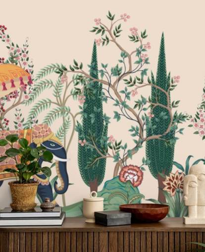 Buntes Chinoiserie-Tapetenbild namens Chinoiserie Elefant and Peacock für Schlafzimmer und Wohnzimmer Buntes Chinoiserie-Tapetenbild namens Chinoiserie Elefant and Peacock für Schlafzimmer und Wohnzimmer