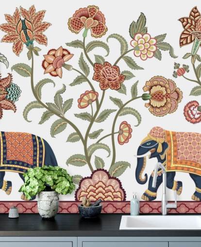 white and brown chinoiserie wallpaper mural called Walking Indian Elephants for bedrooms, living rooms and dining rooms white and brown chinoiserie wallpaper mural called Walking Indian Elephants for bedrooms, living rooms and dining rooms