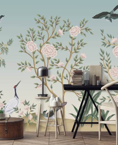 blue chinoiserie wallpaper mural called Blue Chinoiserie Bird Sanctuary for bedrooms and living rooms blue chinoiserie wallpaper mural called Blue Chinoiserie Bird Sanctuary for bedrooms and living rooms