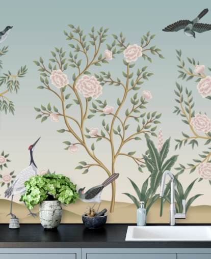 carta da parati murale blu chinoiserie chiamata Blue Chinoiserie Bird Sanctuary per camere da letto e salotti carta da parati murale blu chinoiserie chiamata Blue Chinoiserie Bird Sanctuary per camere da letto e salotti