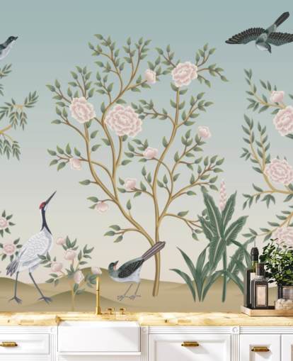 sininen chinoiserie-taustakuvamaalaus nimeltä Blue Chinoiserie Bird Sanctuary makuuhuoneisiin ja olohuoneisiin sininen chinoiserie-taustakuvamaalaus nimeltä Blue Chinoiserie Bird Sanctuary makuuhuoneisiin ja olohuoneisiin