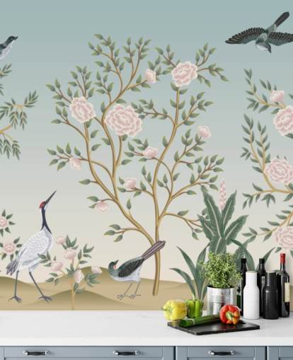 mural de papel pintado de chinoiserie azul llamado Blue Chinoiserie Bird Sanctuary para dormitorios y salas de estar mural de papel pintado de chinoiserie azul llamado Blue Chinoiserie Bird Sanctuary para dormitorios y salas de estar