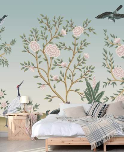 blå chinoiserie tapetmaleri kalt Blue Chinoiserie Bird Sanctuary for soverom og stuer blå chinoiserie tapetmaleri kalt Blue Chinoiserie Bird Sanctuary for soverom og stuer