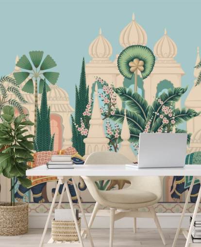 colourful chinoiserie wallpaper called Chinoiserie Elephant & Horse Procession for bedrooms and living rooms colourful chinoiserie wallpaper called Chinoiserie Elephant & Horse Procession for bedrooms and living rooms