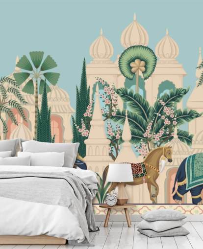 colourful chinoiserie wallpaper called Chinoiserie Elephant & Horse Procession for bedrooms and living rooms colourful chinoiserie wallpaper called Chinoiserie Elephant & Horse Procession for bedrooms and living rooms