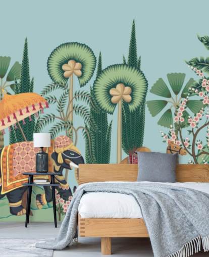 Chinoiserie-Tapetenwandbild namens Chinoiserie Animal Parade für Schlafzimmer, Wohnzimmer und Flure Chinoiserie-Tapetenwandbild namens Chinoiserie Animal Parade für Schlafzimmer, Wohnzimmer und Flure