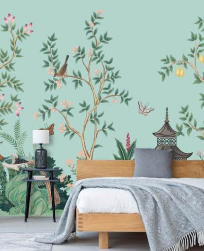 blue chinoiserie wallpaper mural called Chinoiserie Garden and Pagoda for bedrooms and living rooms blue chinoiserie wallpaper mural called Chinoiserie Garden and Pagoda for bedrooms and living rooms