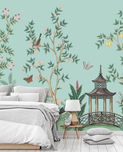 blue chinoiserie wallpaper mural called Chinoiserie Garden and Pagoda for bedrooms and living rooms blue chinoiserie wallpaper mural called Chinoiserie Garden and Pagoda for bedrooms and living rooms