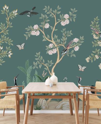 groene chinoiserie behangmuurschildering genaamd Green Chinoiserie Rose Garden voor slaapkamers, woonkamers en badkamers groene chinoiserie behangmuurschildering genaamd Green Chinoiserie Rose Garden voor slaapkamers, woonkamers en badkamers
