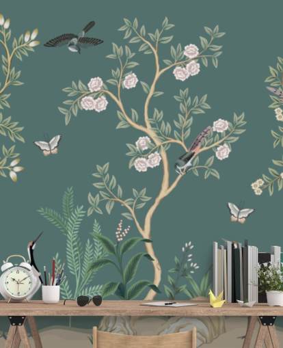 vihreä chinoiserie-taustakuvamaalaus nimeltä Green Chinoiserie Rose Garden makuuhuoneisiin, olohuoneisiin ja kylpyhuoneisiin vihreä chinoiserie-taustakuvamaalaus nimeltä Green Chinoiserie Rose Garden makuuhuoneisiin, olohuoneisiin ja kylpyhuoneisiin