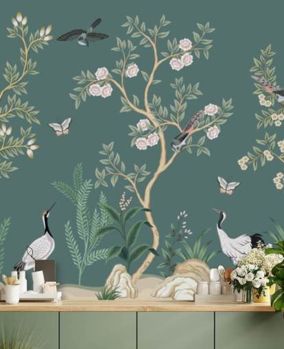 grønn chinoiserie tapet veggmaleri kalt Green Chinoiserie Rose Garden for soverom, stuer og bad grønn chinoiserie tapet veggmaleri kalt Green Chinoiserie Rose Garden for soverom, stuer og bad