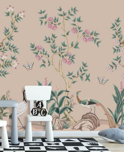 pink chinoiserie wallpaper mural called Pink Chinoiserie Rose Garden for bedrooms and dining rooms pink chinoiserie wallpaper mural called Pink Chinoiserie Rose Garden for bedrooms and dining rooms