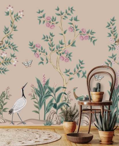 pink chinoiserie wallpaper mural called Pink Chinoiserie Rose Garden for bedrooms and dining rooms pink chinoiserie wallpaper mural called Pink Chinoiserie Rose Garden for bedrooms and dining rooms