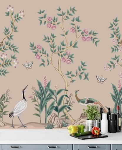 rosafarbenes Chinoiserie-Tapetenbild namens Pink Chinoiserie Rose Garden für Schlafzimmer und Esszimmer rosafarbenes Chinoiserie-Tapetenbild namens Pink Chinoiserie Rose Garden für Schlafzimmer und Esszimmer
