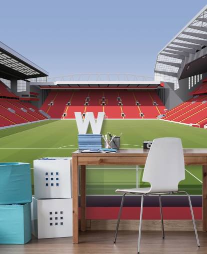 punainen ja vihreä jalkapallostadionin taustakuvamaalaus nimeltä Anfield Football Stadium, kirjoittanut Matthew J I Wood Design & Illustration lapsen makuuhuoneeseen punainen ja vihreä jalkapallostadionin taustakuvamaalaus nimeltä Anfield Football Stadium, kirjoittanut Matthew J I Wood Design & Illustration lapsen makuuhuoneeseen