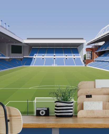 blauw en groen voetbalstadionbehang genaamd Ibrox Football Stadium van Matthew J I Wood Design & Illustration voor kinderkamers blauw en groen voetbalstadionbehang genaamd Ibrox Football Stadium van Matthew J I Wood Design & Illustration voor kinderkamers