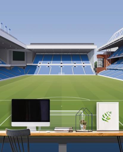 papel pintado azul y verde de un estadio de fútbol llamado Ibrox Football Stadium de Matthew J I Wood Diseño e ilustración para dormitorios de niños papel pintado azul y verde de un estadio de fútbol llamado Ibrox Football Stadium de Matthew J I Wood Diseño e ilustración para dormitorios de niños