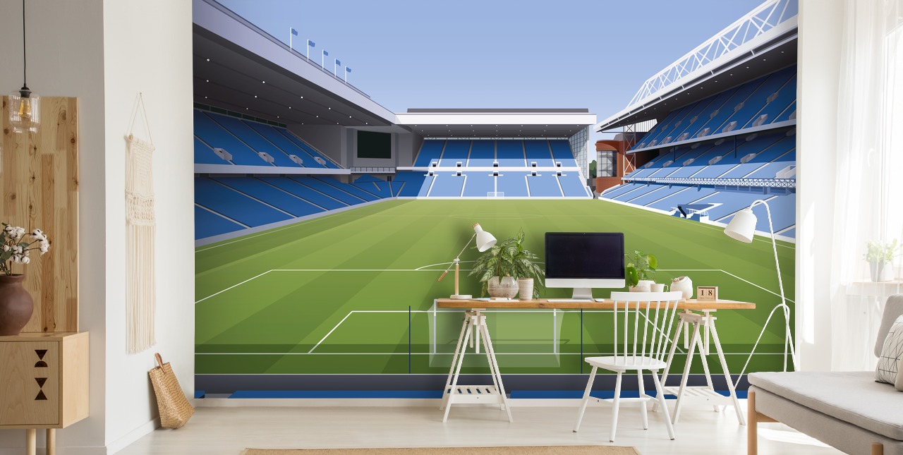 blå og grønn fotballstadion tapet kalt Ibrox Football Stadium av Matthew J I Wood Design & Illustrasjon for barnas soverom