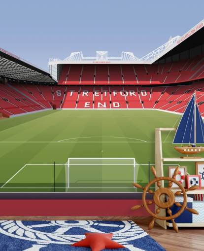 red and green football stadium wallpaper mural called Old Trafford Football Stadium by Matthew J I Wood Design & Illustration for child's bedrooms red and green football stadium wallpaper mural called Old Trafford Football Stadium by Matthew J I Wood Design & Illustration for child's bedrooms