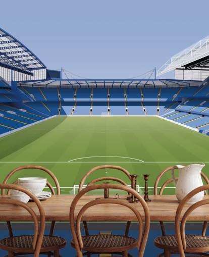 Carta da parati murale blu e verde del Chelsea chiamata Stamford Bridge Football Stadium di Matthew J I Wood Design & Illustration per camerette per bambini Carta da parati murale blu e verde del Chelsea chiamata Stamford Bridge Football Stadium di Matthew J I Wood Design & Illustration per camerette per bambini