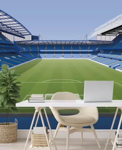papier peint mural bleu et vert de Chelsea appelé Stamford Bridge Football Stadium par Matthew J I Wood Design & Illustration pour chambres d'enfants papier peint mural bleu et vert de Chelsea appelé Stamford Bridge Football Stadium par Matthew J I Wood Design & Illustration pour chambres d'enfants
