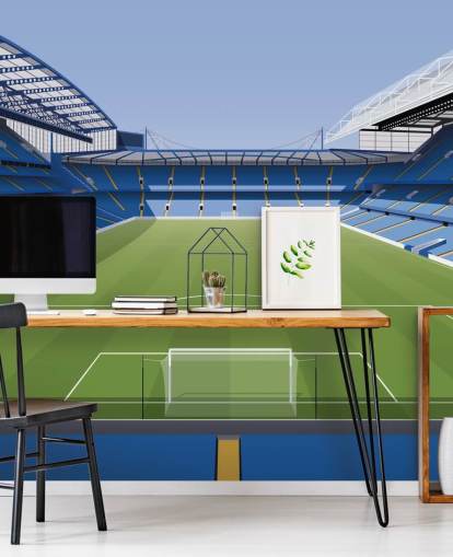blue and green Chelsea wallpaper mural called Stamford Bridge Football Stadium by Matthew J I Wood Design & Illustration for kids bedrooms blue and green Chelsea wallpaper mural called Stamford Bridge Football Stadium by Matthew J I Wood Design & Illustration for kids bedrooms