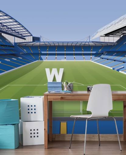 Blau-grüne Chelsea-Tapete namens Stamford Bridge Football Stadium von Matthew J I Wood Design & Illustration für Kinderzimmer Blau-grüne Chelsea-Tapete namens Stamford Bridge Football Stadium von Matthew J I Wood Design & Illustration für Kinderzimmer