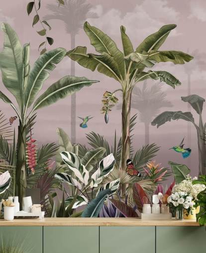 lyserød skov tapetmaleri kaldet A Busy Tropical Forest på Wallsauce til soveværelser lyserød skov tapetmaleri kaldet A Busy Tropical Forest på Wallsauce til soveværelser