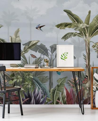 blå jungle tapetmaleri kaldet A Day in the Jungle Blue på Wallsauce til soveværelser blå jungle tapetmaleri kaldet A Day in the Jungle Blue på Wallsauce til soveværelser