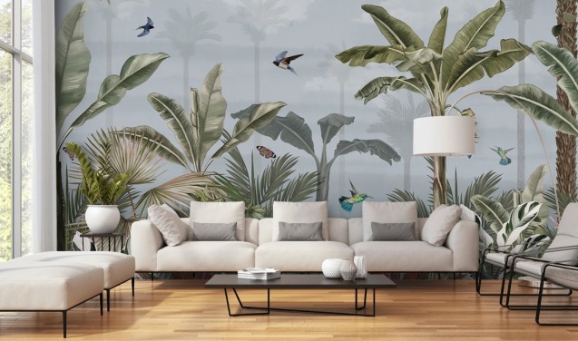blue jungle wallpaper mural called A Day in the Jungle Blue at Wallsauce for bedrooms