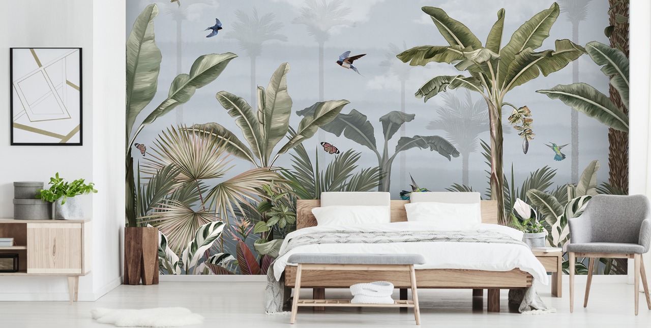 blue jungle wallpaper mural called A Day in the Jungle Blue at Wallsauce for bedrooms