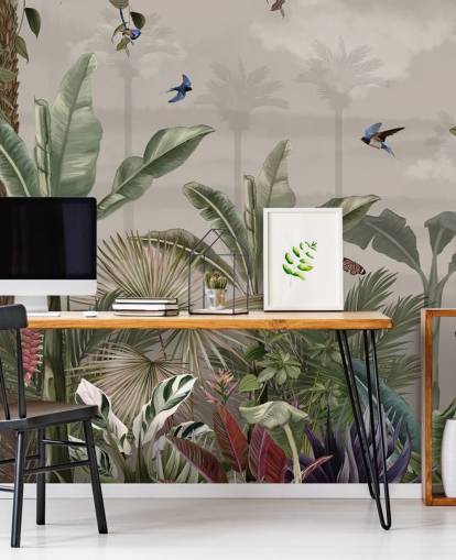 viidakon taustakuvamaalaus nimeltä Päivä viidakossa Wallsaucessa makuuhuoneisiin ja käytäviin viidakon taustakuvamaalaus nimeltä Päivä viidakossa Wallsaucessa makuuhuoneisiin ja käytäviin