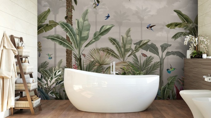 jungle wallpaper mural called A Day in the Jungle at Wallsauce for bedrooms and hallways