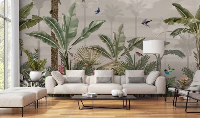 jungle wallpaper mural called A Day in the Jungle at Wallsauce for bedrooms and hallways