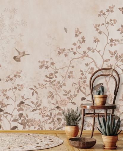 murale beige con giungla chiamato Beige Birds and Butterflies at Wallsauce per camere da letto, bagni e corridoi murale beige con giungla chiamato Beige Birds and Butterflies at Wallsauce per camere da letto, bagni e corridoi