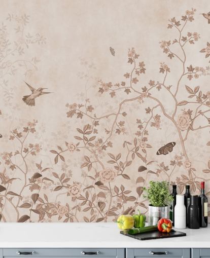 mural de parede de selva bege chamado Beige Birds and Butterflies at Wallsauce para quartos, banheiros e corredores mural de parede de selva bege chamado Beige Birds and Butterflies at Wallsauce para quartos, banheiros e corredores