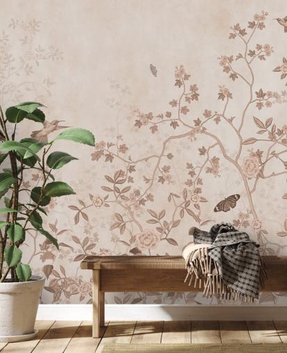 beige jungle vægmaleri kaldet Beige Birds and Butterflies på Wallsauce til soveværelser, badeværelser og gange beige jungle vægmaleri kaldet Beige Birds and Butterflies på Wallsauce til soveværelser, badeværelser og gange