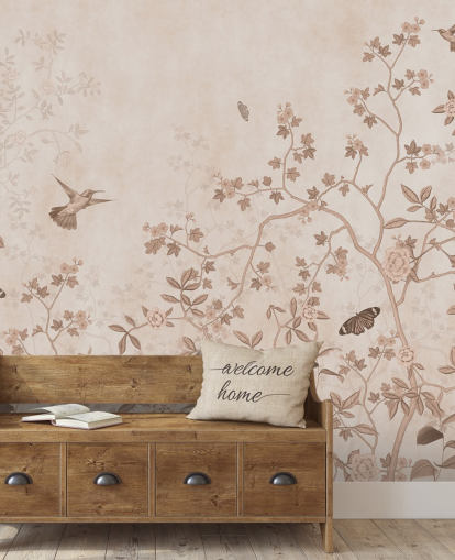 beige viidakon seinämaalaus nimeltä Beige Birds and Butterflies Wallsaucessa makuuhuoneisiin, kylpyhuoneisiin ja käytäviin beige viidakon seinämaalaus nimeltä Beige Birds and Butterflies Wallsaucessa makuuhuoneisiin, kylpyhuoneisiin ja käytäviin