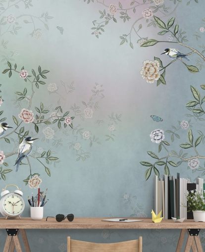 blauwe rozentuin behangmuurschildering genaamd Birds Singing in the Rose Garden Blue at Wallsauce voor slaapkamers, woonkamers en badkamers blauwe rozentuin behangmuurschildering genaamd Birds Singing in the Rose Garden Blue at Wallsauce voor slaapkamers, woonkamers en badkamers