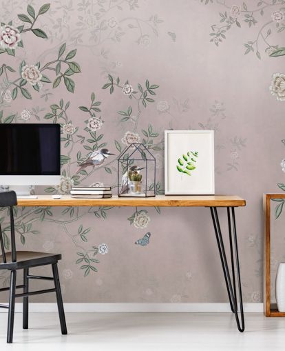 rosa rosehage tapetveggmaleri kalt Birds Singing in the Rose Garden Pink at Wallsauce for soverom, stuer og bad rosa rosehage tapetveggmaleri kalt Birds Singing in the Rose Garden Pink at Wallsauce for soverom, stuer og bad
