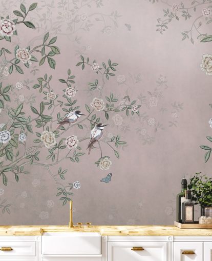 pink rose garden wallpaper mural called Birds Singing in the Rose Garden Pink at Wallsauce for bedrooms, living rooms and bathrooms pink rose garden wallpaper mural called Birds Singing in the Rose Garden Pink at Wallsauce for bedrooms, living rooms and bathrooms