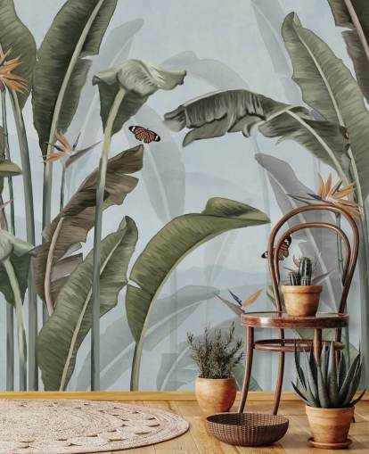 blue and green jungle wallpaper mural called Palm Trees and Butterflies Blue at Wallsauce blue and green jungle wallpaper mural called Palm Trees and Butterflies Blue at Wallsauce
